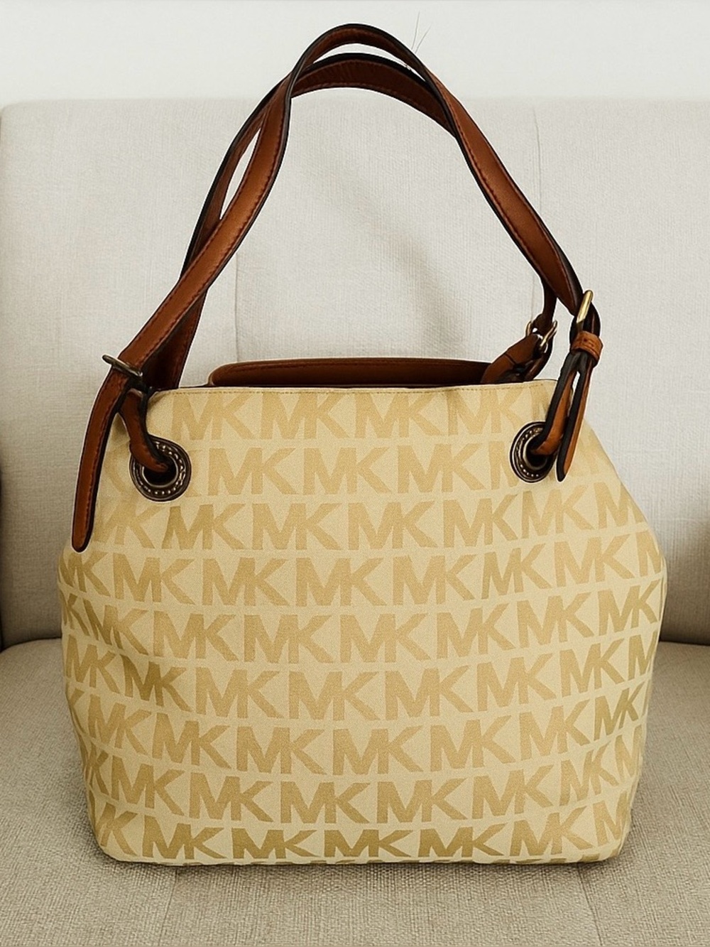 Michael Kors Jet Set Medium Tote MK Signature Jacquard Gold/Beige Brown Straps